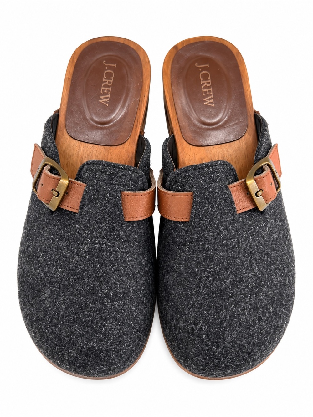 J. Crew Charcoal Wool Clogs Tan Leather Straps Women’s shoes Women’s 7